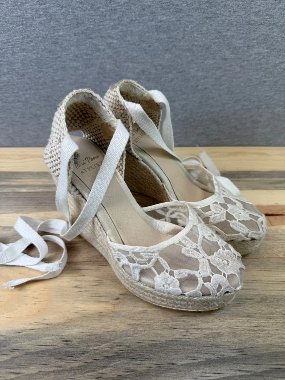 Toni Pons Atelier Lace Wedge Espadrille Size EU 35 Long Ankle Tie Wedding Bride